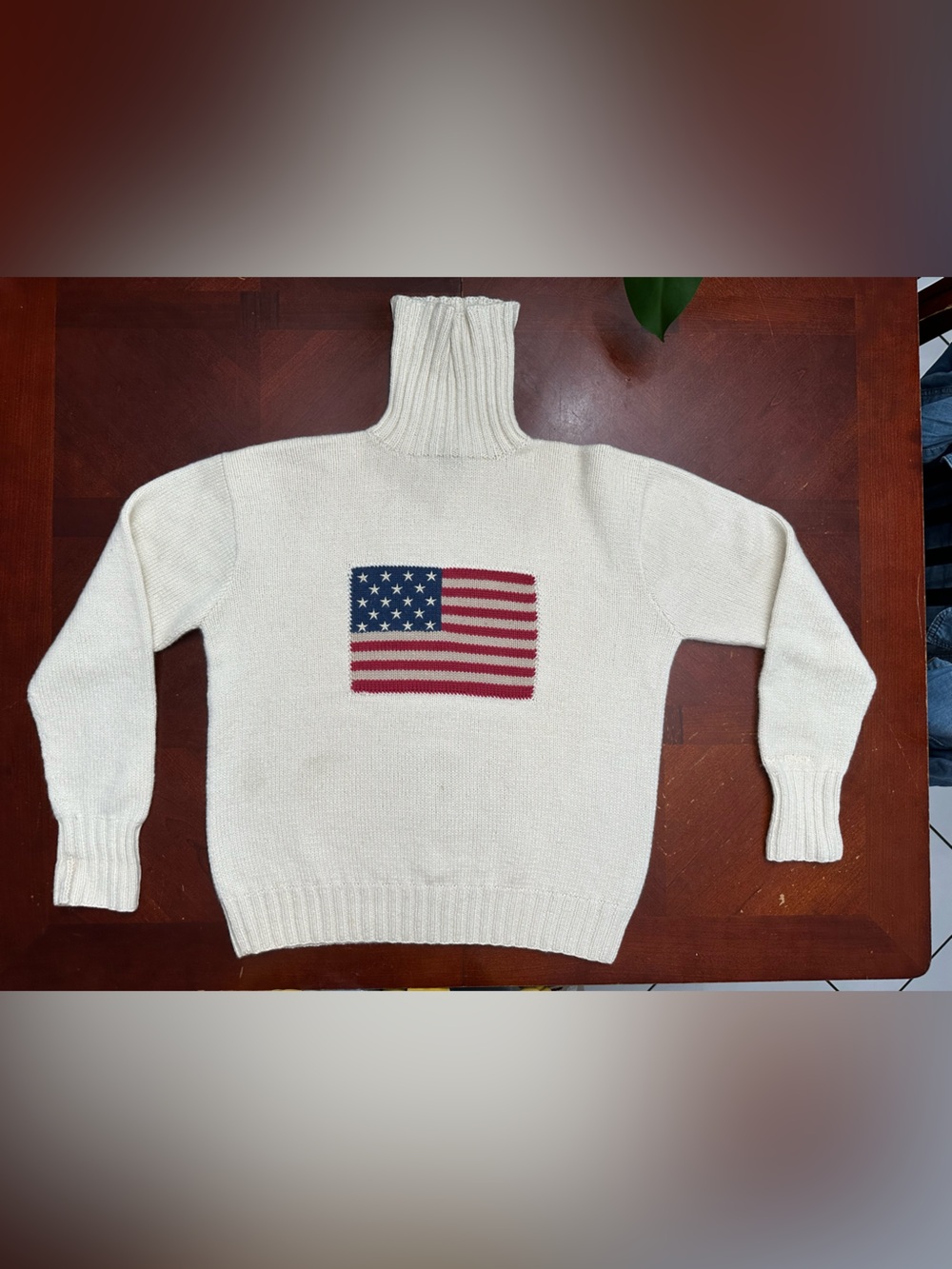 Ralph Lauren Cream Turtleneck Sweater with American Flag Detail